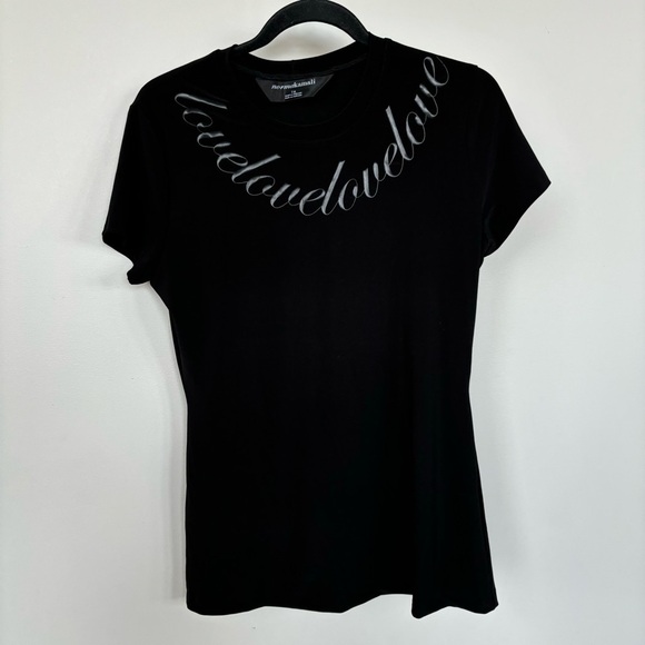 Norma Kamali Tops - Norma Kamali Black Short Sleeve Top with Love Written Around The Neckline Size L
